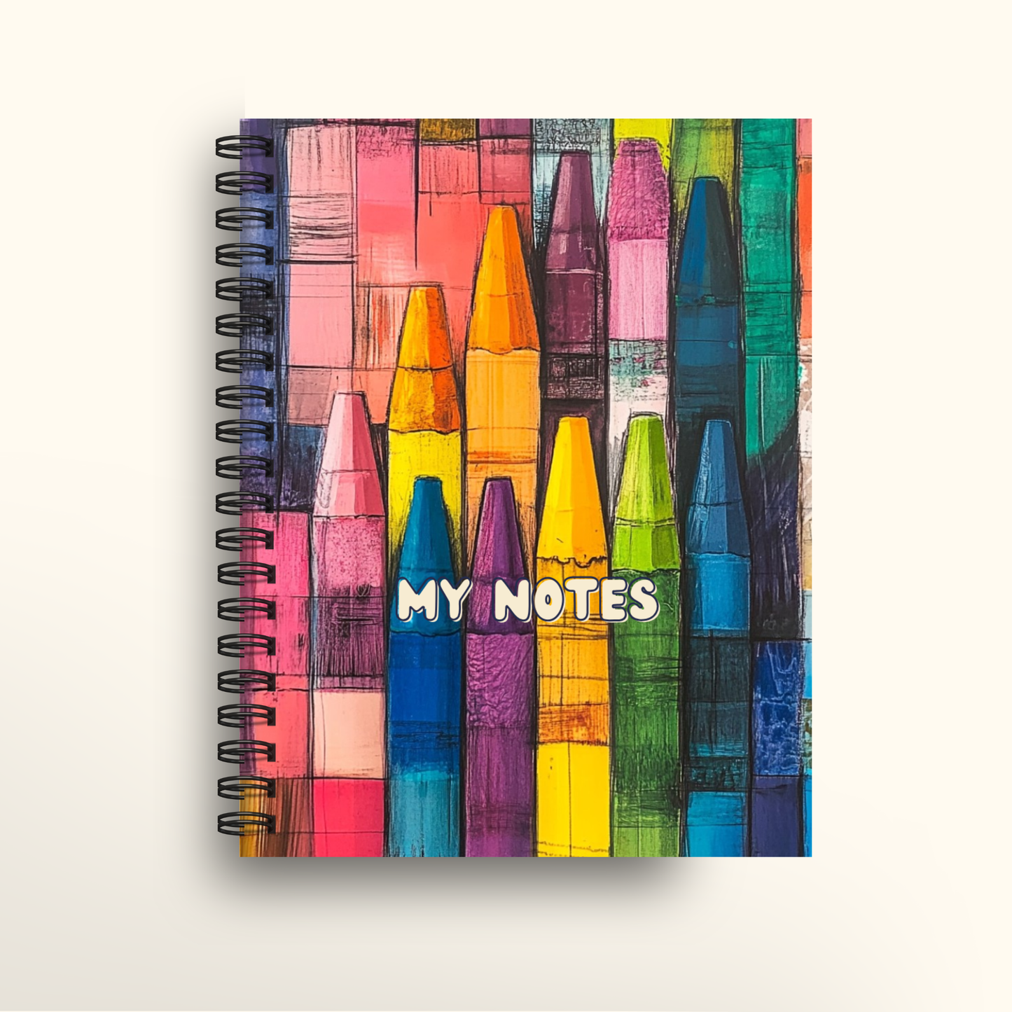 Spiral notebook with colorful crayon design and 'MY NOTES' text on a white background
