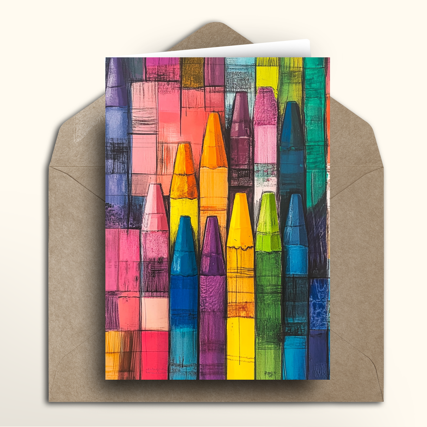 Greeting card with colorful crayon design on a brown envelope
