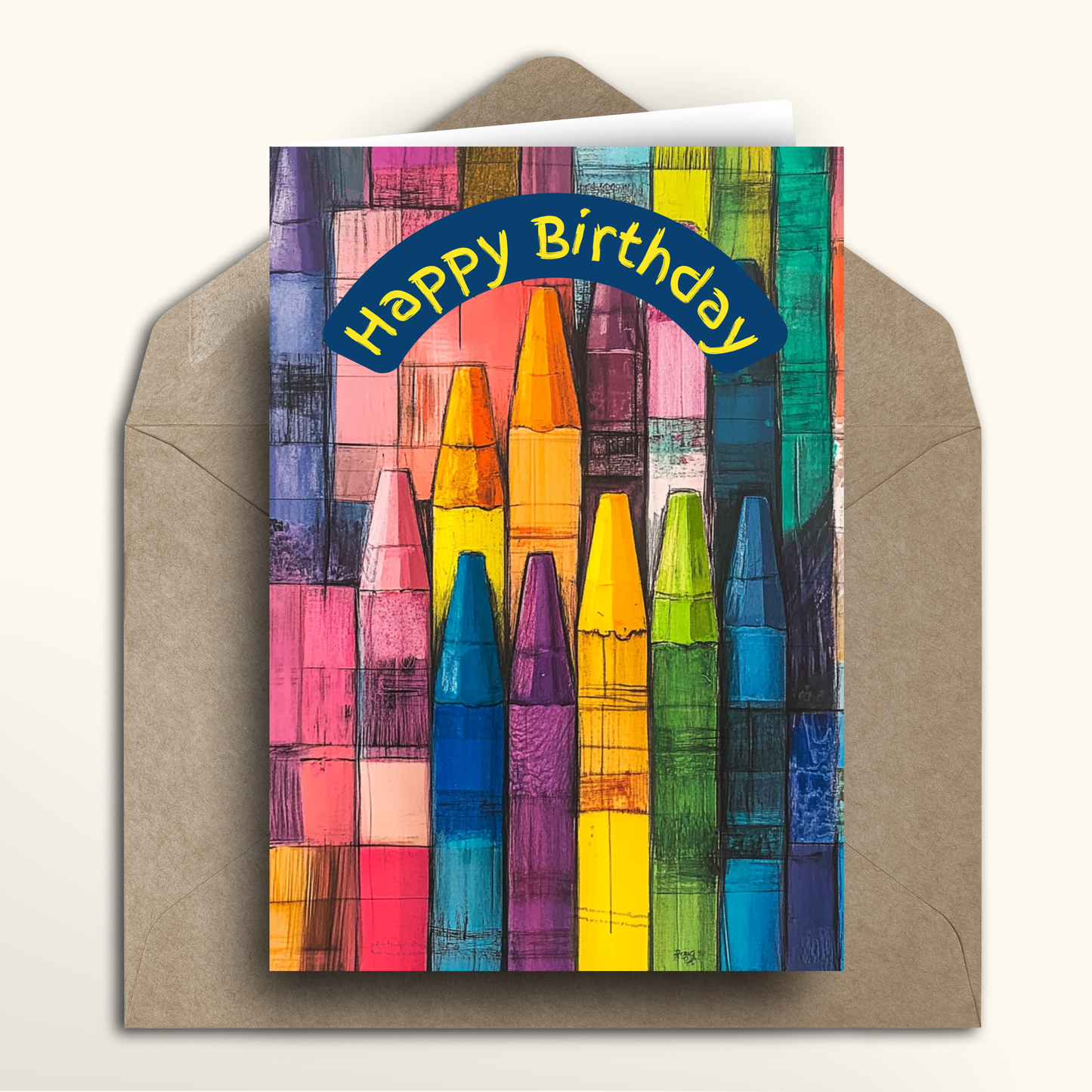 Colorful birthday card with crayon design and 'Happy Birthday' text on a brown envelope.