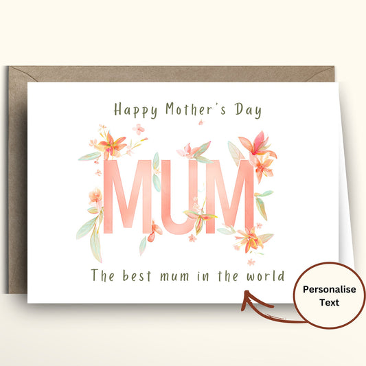 Mother’s Day greeting card with pastel floral watercolor design, large “MUM” text, and wording “Happy Mother’s Day” and “The best mum in the world”.