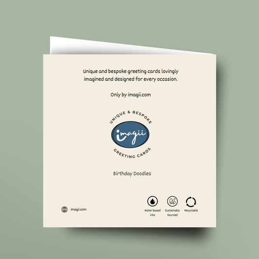 Greeting card with 'imagii' branding and product details on a light green background