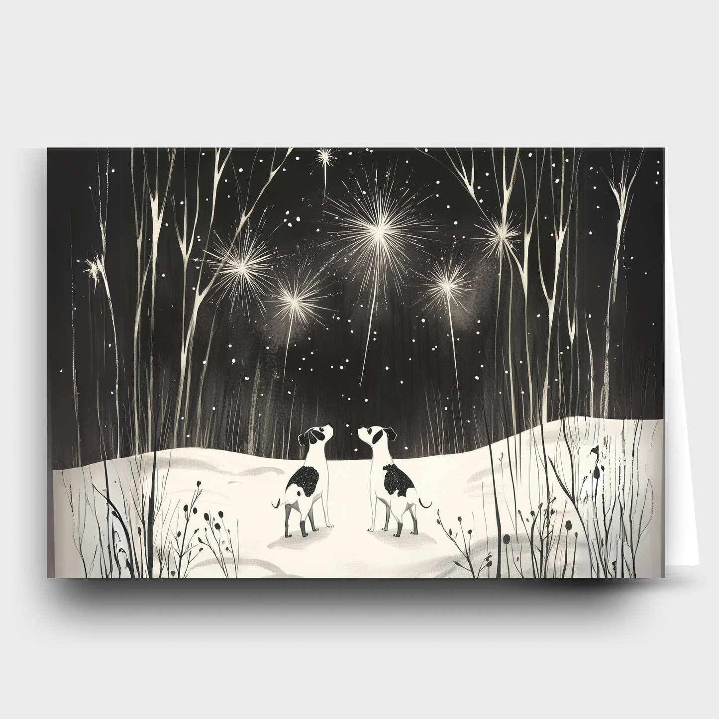 A greeting card with an illustration of two dogs watching fireworks in a night sky.