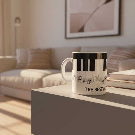 Mug with piano keyboard and music notes design on a white background