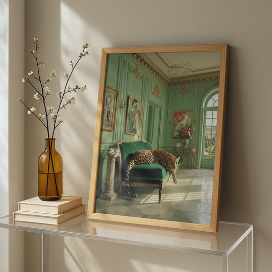A leopard rests draped across a green velvet chaise longe in a sun-drenched French palatial interior with sage green panelled walls, gilded gold mouldings, marble floors, and classical paintings — vintage animal art print.