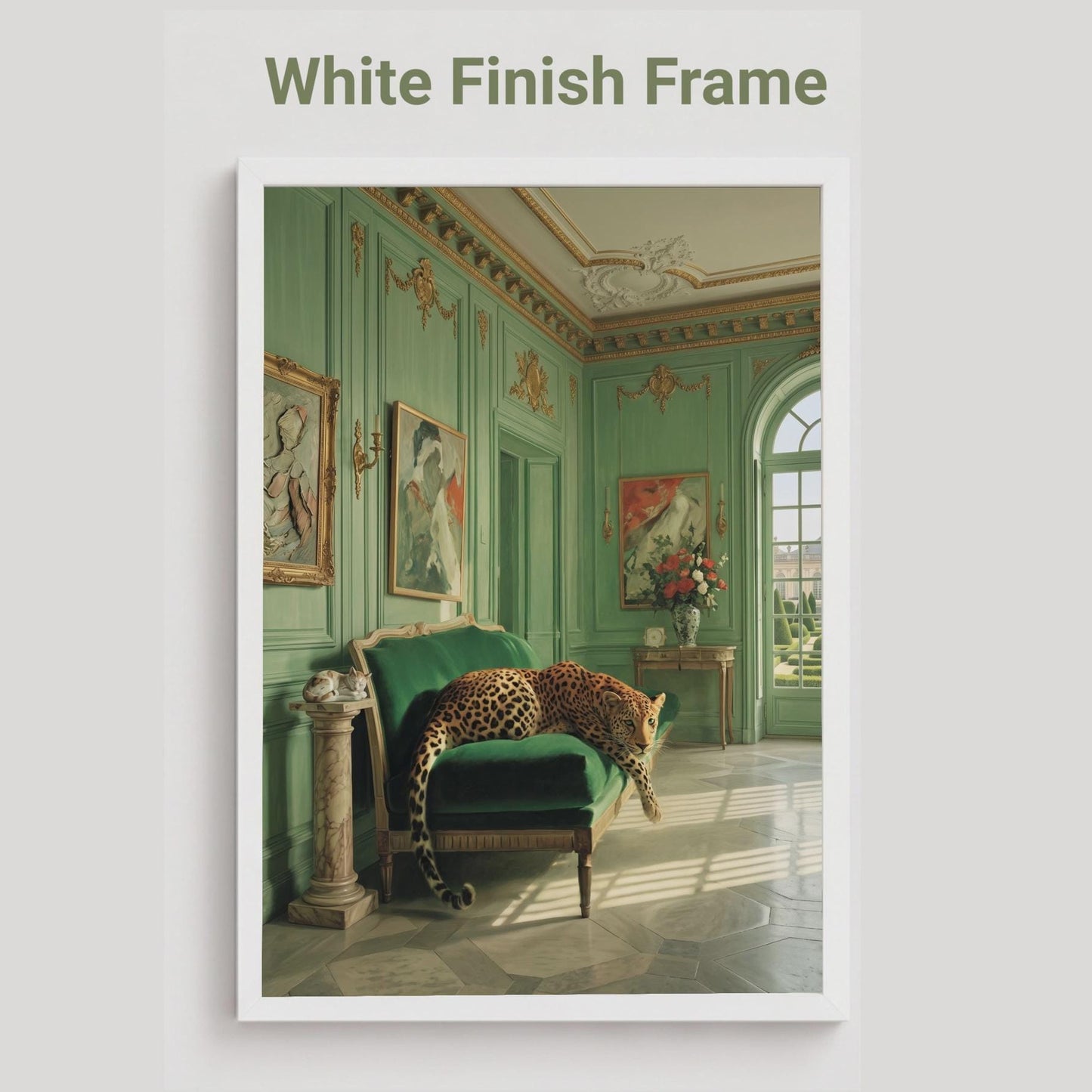 White framed poster of a leopard as it rests draped across a green velvet chaise longe in a sun-drenched French palatial interior with sage green panelled walls, gilded gold mouldings, marble floors, and classical paintings — vintage animal art print.