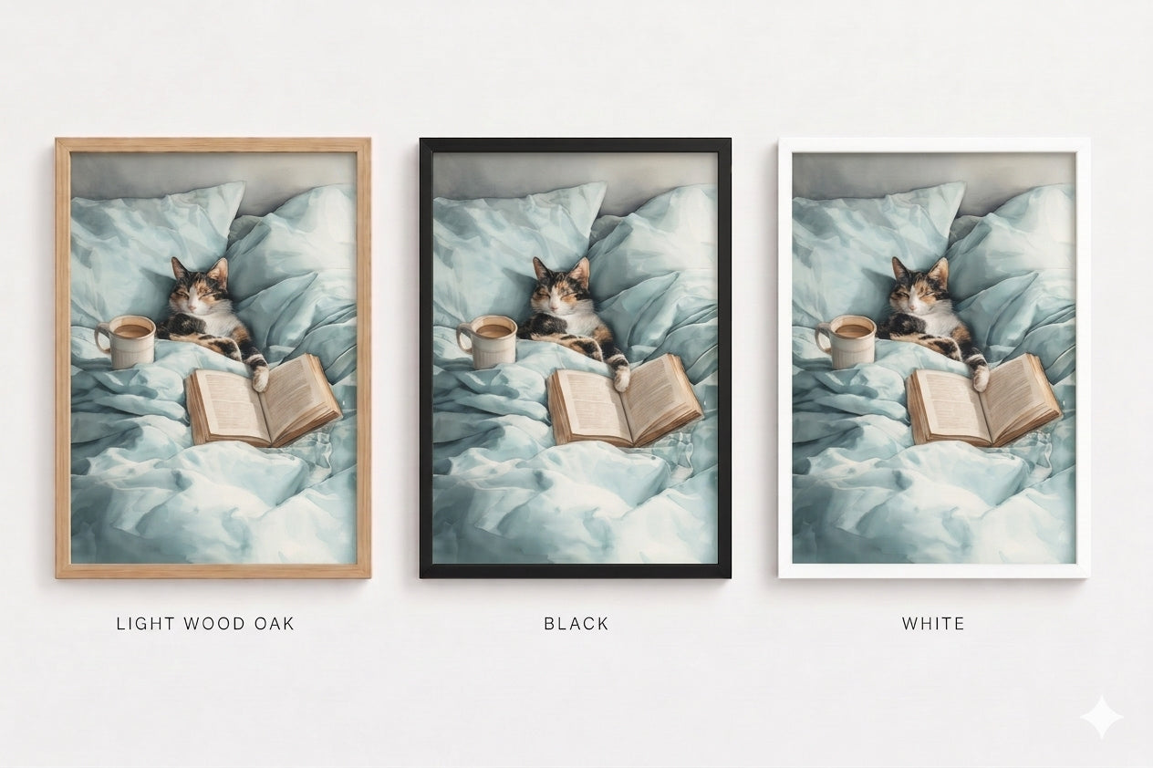 Three framed pictures of a cat with an open book on a blue blanket, in light wood oak, black, and white frames.