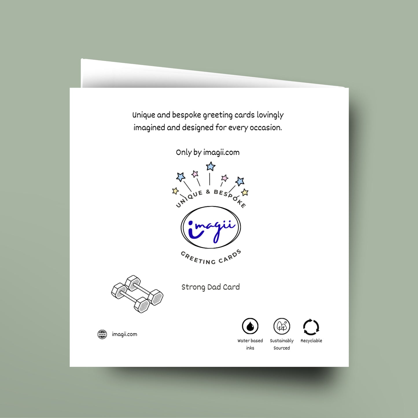 Greeting card with 'imagii' branding and product details on a light green background