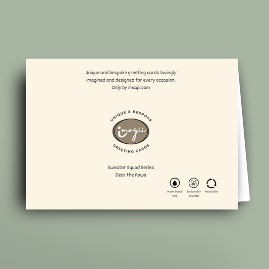 Greeting card with 'imagii' branding and sustainability information on a light green background