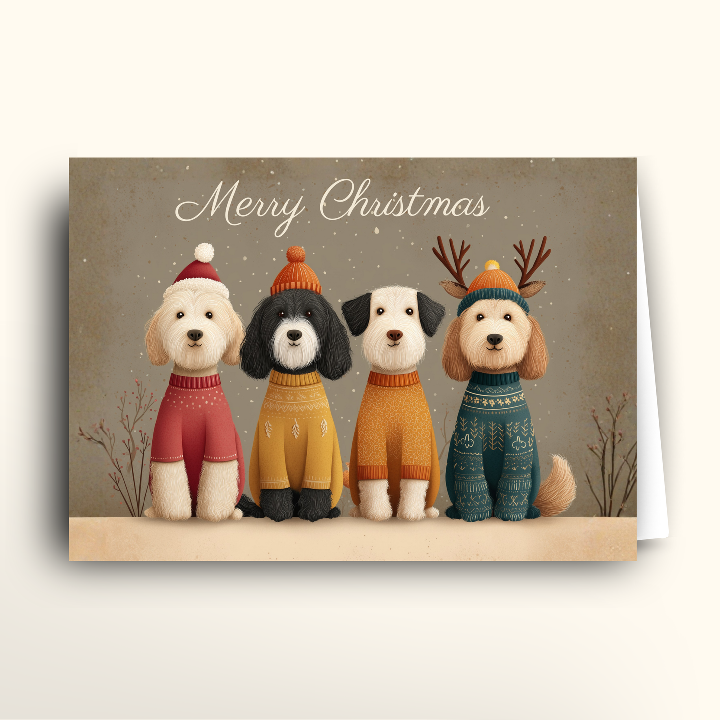 Christmas card with four dogs wearing colorful sweaters and hats on a beige background.