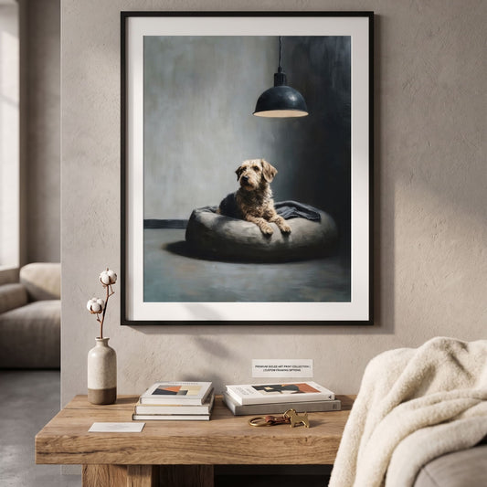 A framed vertical art print depicting a small tan dog sitting on a dark cushion under a hanging lamp, displayed on a textured beige wall above a wooden coffee table in a styled living room.