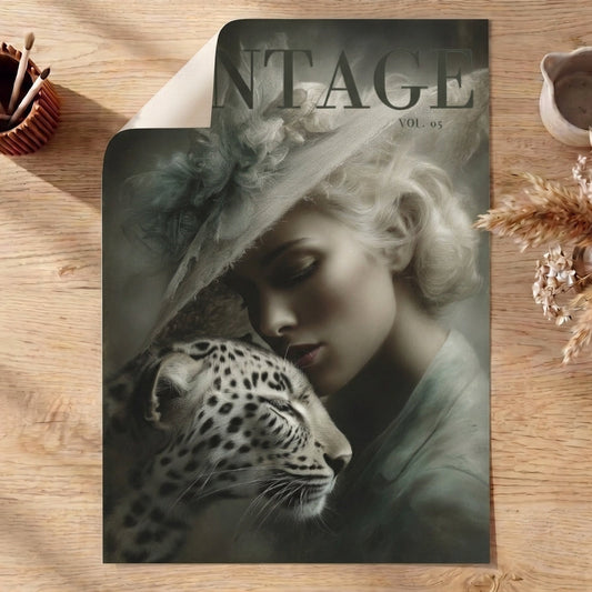 Vintage magazine cover with a woman and leopard on a wooden surface with decorative items. print only - unframed