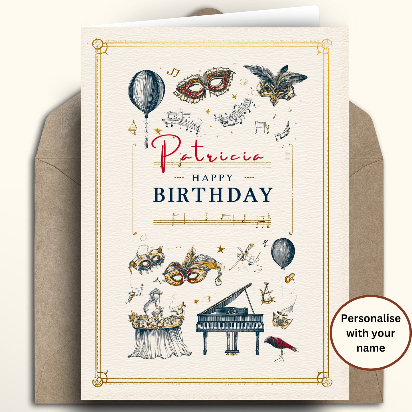 A customisable birthday card with a kraft envelope, featuring illustrations of masquerade masks, a grand piano, a bird, and musical notes, with the name 'Patricia' in red script and 'HAPPY BIRTHDAY' in navy blue. A badge on the bottom right says 'Personalise with your name'.