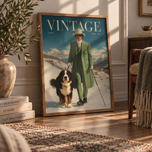 A framed vintage-style poster leaning against a wall in a sunlit room. The poster shows a man in a green suit walking in a snowy landscape with a dog, and the word VINTAGE appears at the top.