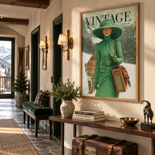 A framed vintage-style wall art print hangs in a styled interior hallway. The artwork shows a woman in a bright green coat and wide-brimmed green hat walking in the snow, accompanied by a leopard, with the word VINTAGE prominently visible at the top.