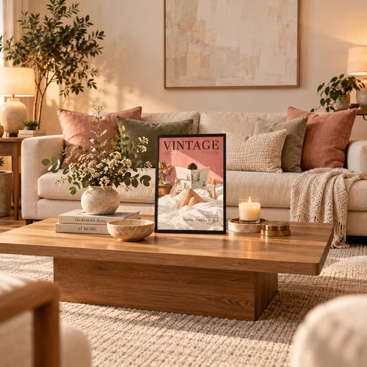 A framed art print with the word 'VINTAGE' and a pink-toned bedroom scene is displayed on a wooden coffee table in a warm, styled living room with a sofa, pillows, plants, and candles.