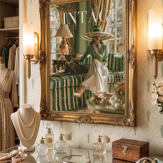 An ornate gold-framed wall mirror hangs above a mirrored vanity table in a styled room. The mirror reflects a woman seated on a striped sofa, while the room itself features patterned wallpaper, wall sconces, a pearl necklace display bust, perfume bottles, and a wooden box.