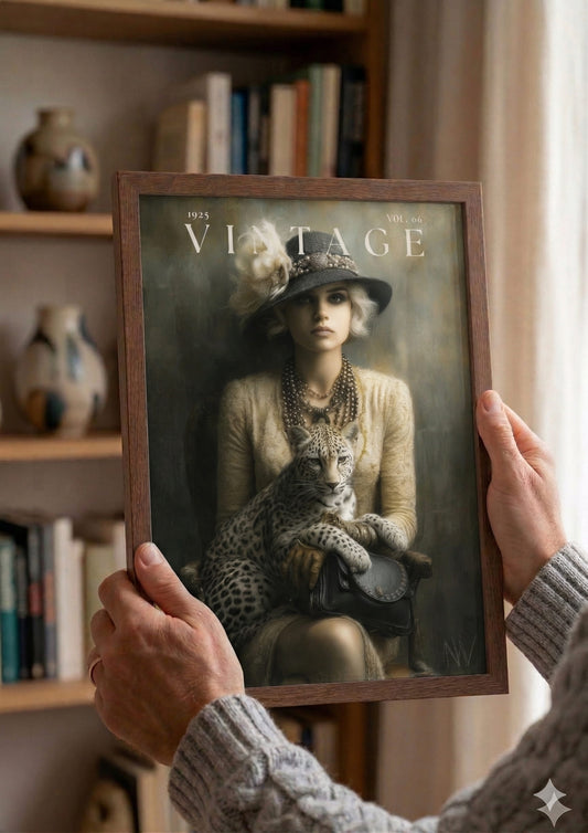 Vintage 1920s magazine cover unframed poster featuring a woman in a flapper hat holding a leopard in dark academia sepia tones