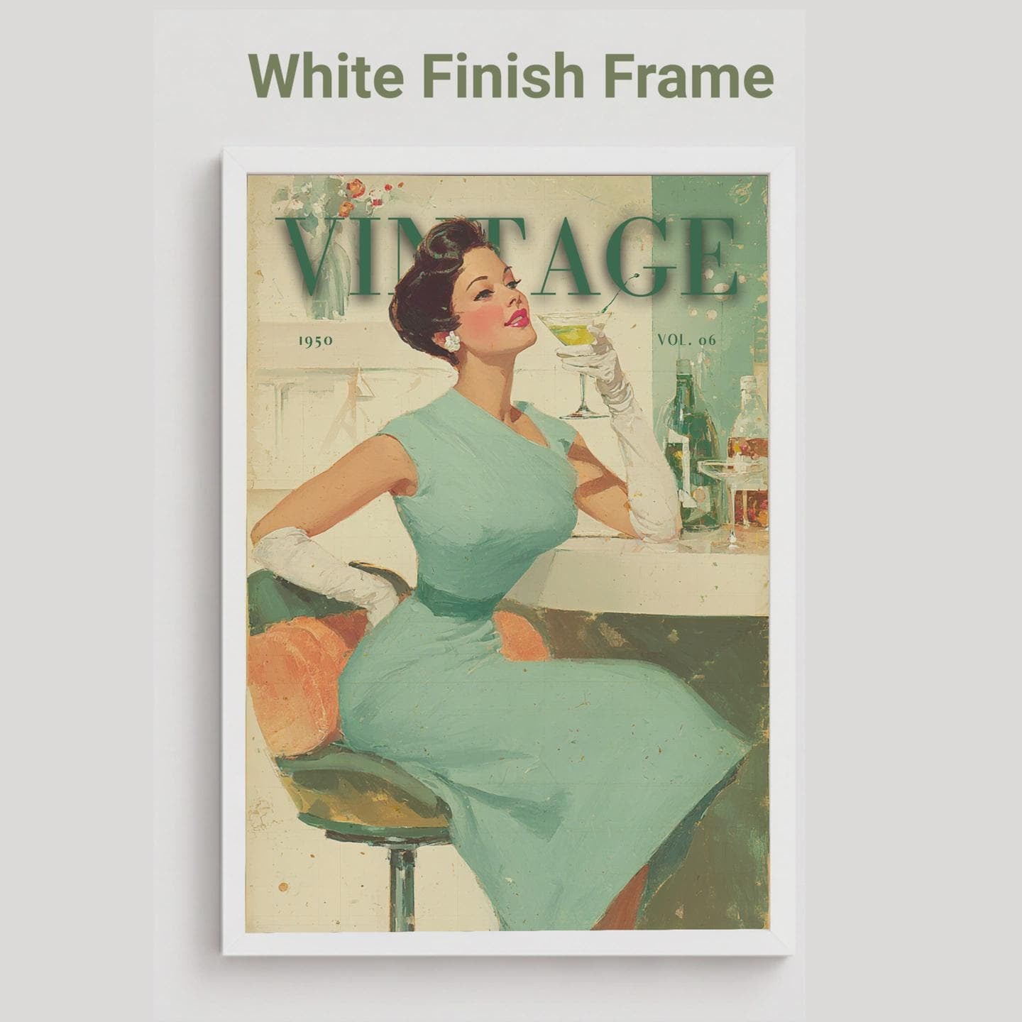 A framed vintage-style illustration print on a light gray background. The artwork shows a seated woman in a light blue dress holding a glass, with the word 'VINTAGE' across the top.
