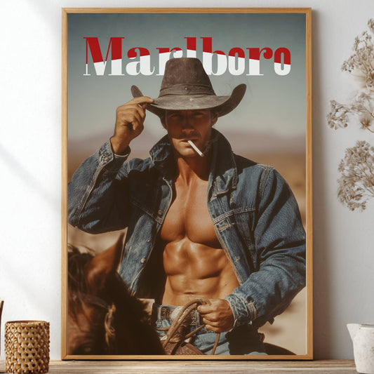 Vintage marlboro man smoking a cigarette riding a horse with open shirt exposing muscular body. Red and white Marlboro logo at top.