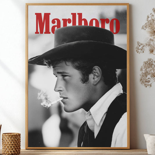 Vintage Cowboy Marlboro poster black and white retro wall art print featuring a cowboy smoking for man cave and americana decor
