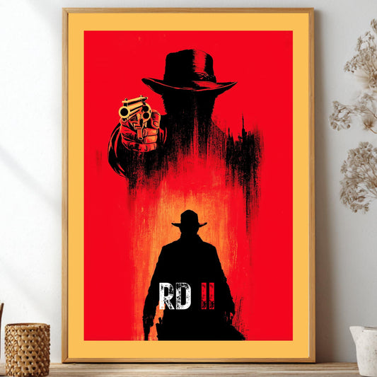 Red Dead Redemption 2 poster featuring a double exposure silhouette of a western cowboy aiming a gun on a striking red background for gaming room decor