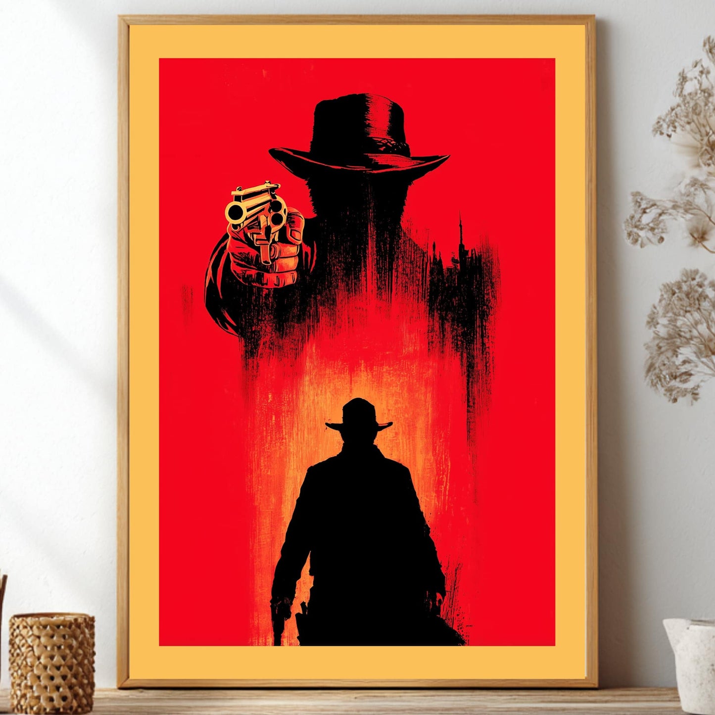Red Dead Redemption 2 poster featuring a double exposure silhouette of a western cowboy aiming a gun on a striking red background for gaming room decor