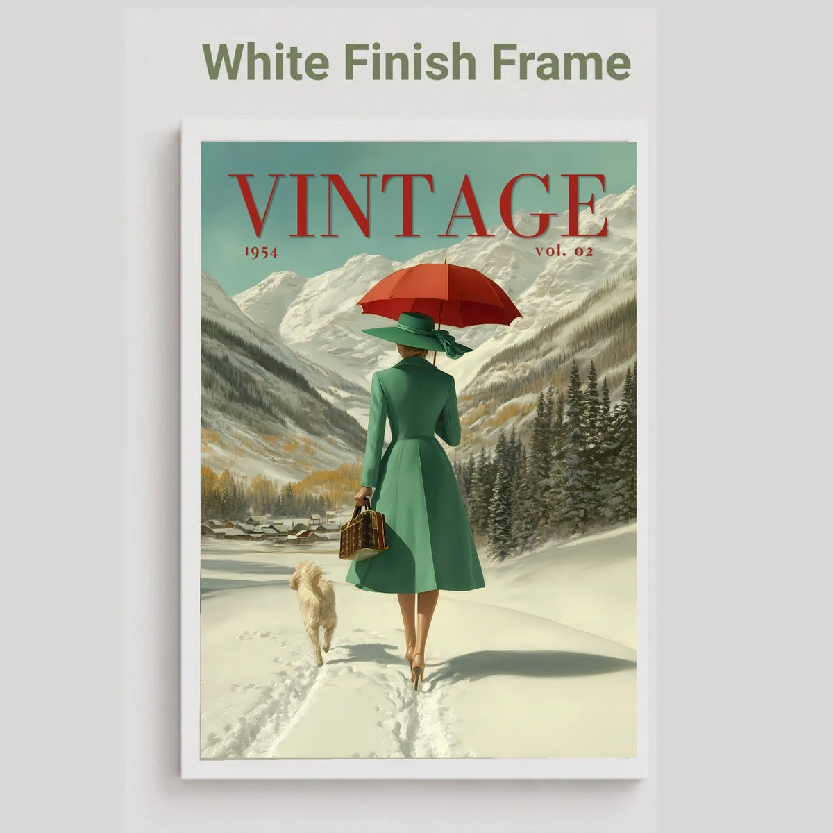 A vintage-style illustrated poster or art print with a white frame, shown against a light gray background. The artwork depicts a woman in a green coat and hat walking in the snow with a red umbrella and a dog, with the word 'VINTAGE' across the top.