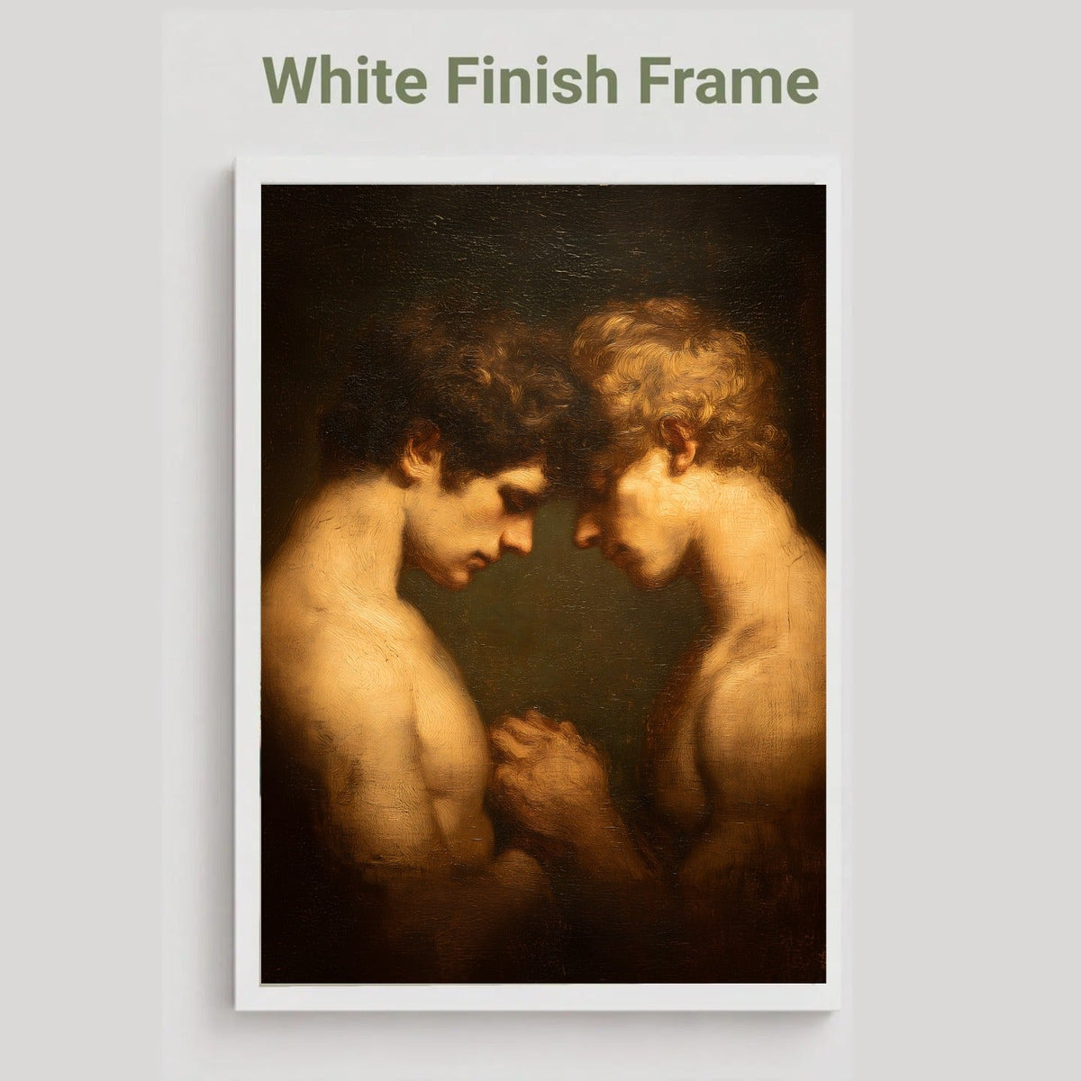 A framed art print featuring a classical painting of two muscular male figures facing each other, shown with a white border and the text 'White Finish Frame' above it on a light gray background.