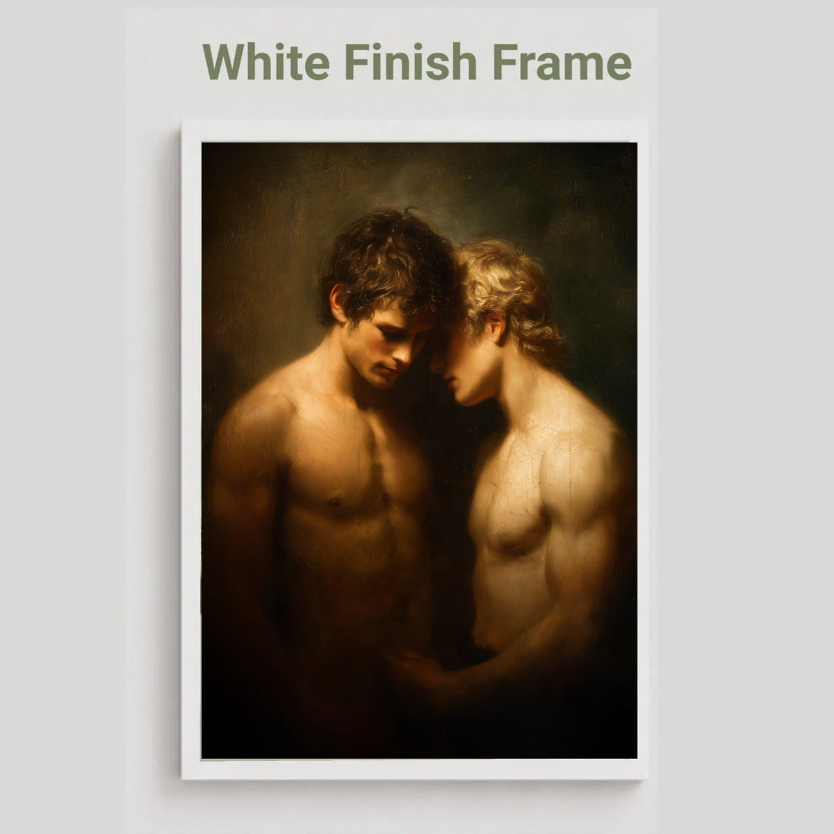 A framed art print featuring a classical-style painting of two nude male figures in warm brown and beige tones, shown with a white border and the text 'White Finish Frame' above it on a light gray background.