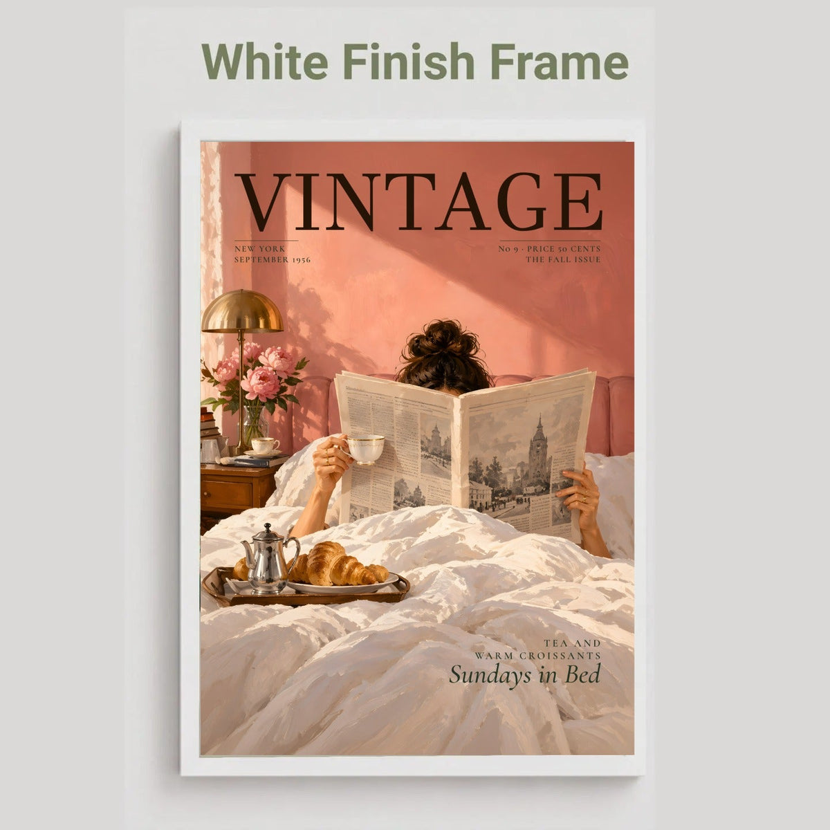 A vintage-style magazine cover featuring a person reading in bed under a pink wall, with the title VINTAGE prominently displayed. The cover is shown centered on a light gray background with the text 'White Finish Frame' above it.