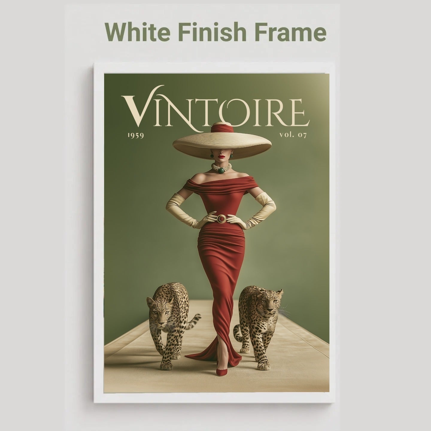 A framed art print featuring a vintage-style fashion cover design with the title 'VINTOIRE 1959 VOL. 42'.