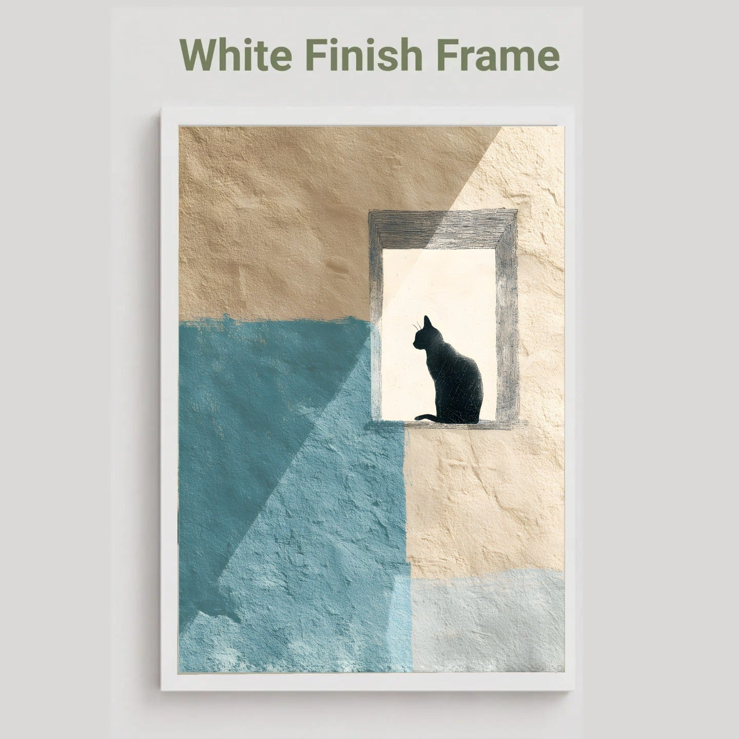 A framed wall art print featuring a black cat silhouette sitting in a window opening against a textured beige and blue wall. The print is shown in a white frame, with the text 'White Finish Frame' above it on a light gray background.