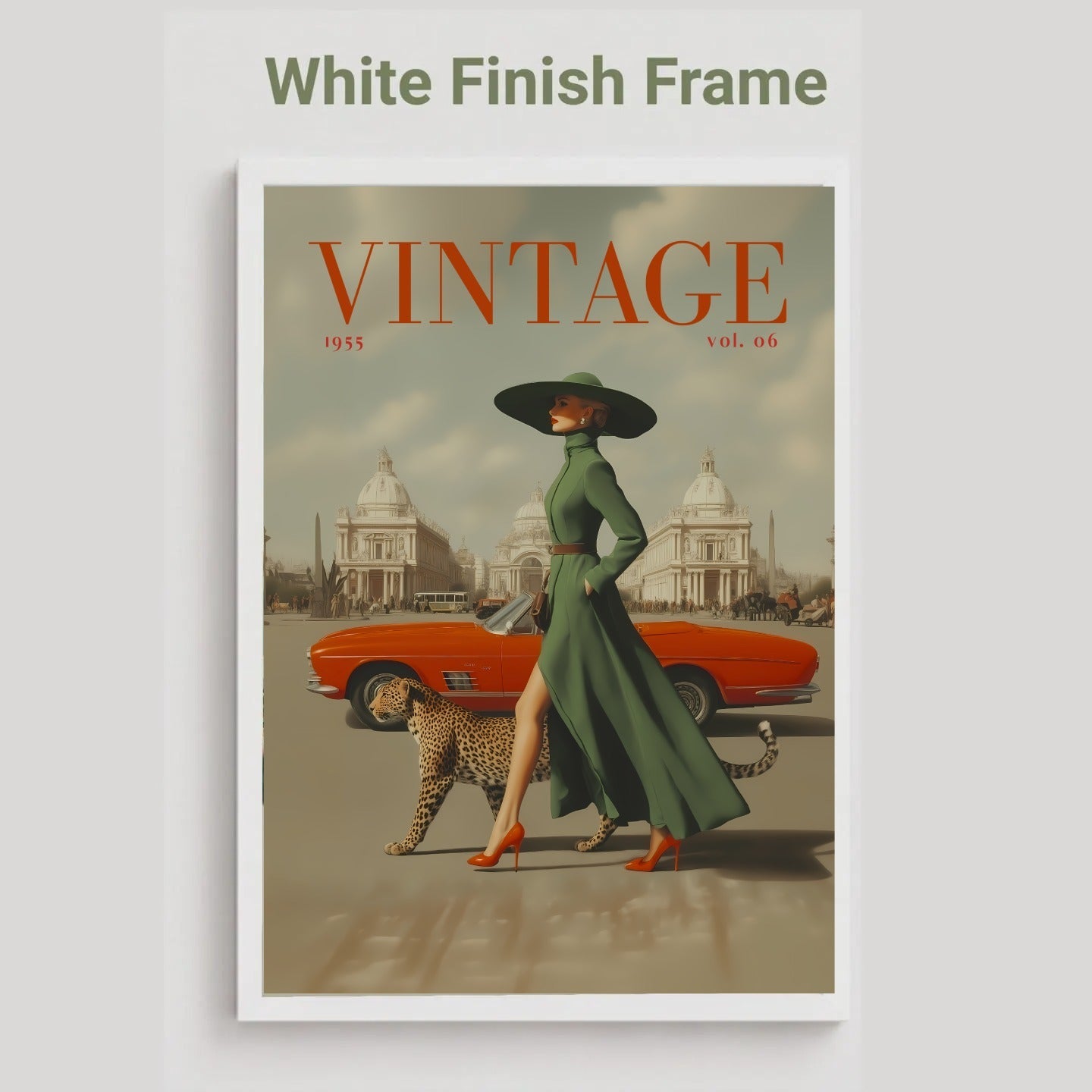 A vintage-style art print poster featuring a woman in a green dress and black hat walking with a leopard next to an orange convertible car, with the word 'VINTAGE' at the top. The print is shown with a white finish frame against a light gray background, with the text 'White Finish Frame' above it.