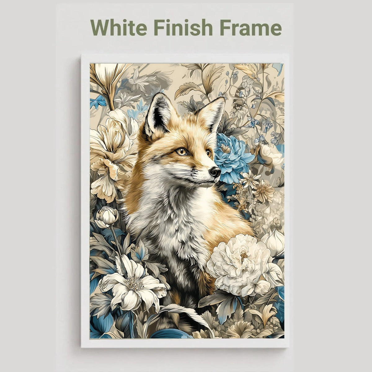 A framed art print featuring a detailed illustration of a fox surrounded by white and blue flowers, displayed on a light gray background with the text 'White Finish Frame' above it.