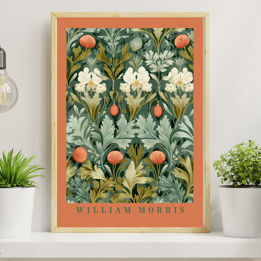 William Morris botanical print with terracotta coral warm border showing spring florals and botanical foliage pattern, Arts & Crafts tapestry style poster