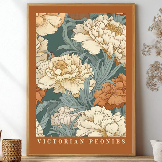 William Morris inspired poster showcasing vintage botanical prints in green and terracotta for art nouveau decor and vintage home styling