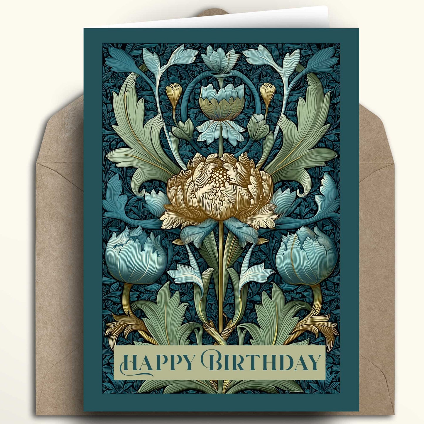 A square floral birthday card with an Art Nouveau style illustration in teal, cream, and gold, shown with a brown kraft envelope behind it on a light beige background.