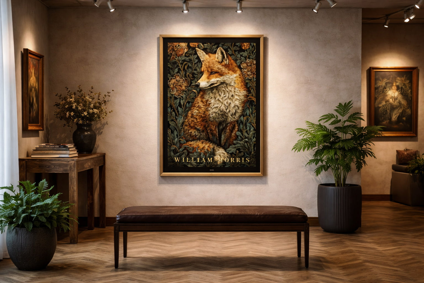 William Morris fox print with dark charcoal border featuring orange fox among green botanical floral elements, vintage tapestry design animal poster, art gallery environment