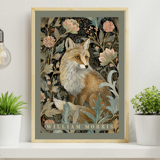 William Morris fox poster with grey-green natural harmony border featuring fox among pastel flowers dark background, botanical tapestry Arts & Crafts print