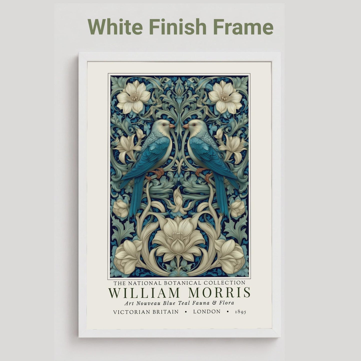White framed artwork with birds and floral design on a white background