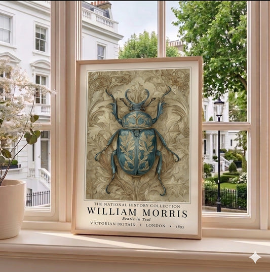 William Morris teal beetle exhibition print in a black frame on a cream painted wall, victorian insect art poster