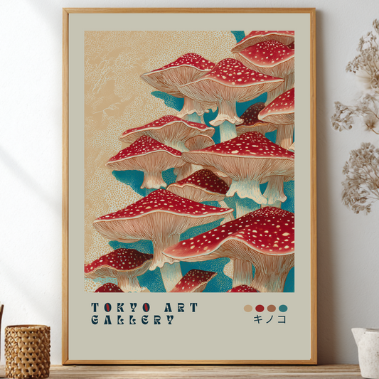 Framed mushroom art print with 'Tokyo Art Gallery' text on a wall.