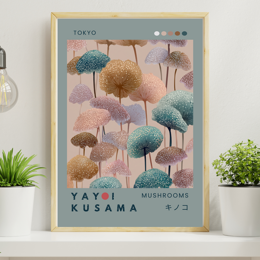 Yayoi Kusama Mushrooms exhibition poster Tokyo in soft pastel colors featuring polka dot mushrooms in sage green, blush pink, lavender, teal and tan, Japandi Japanese abstract art print
