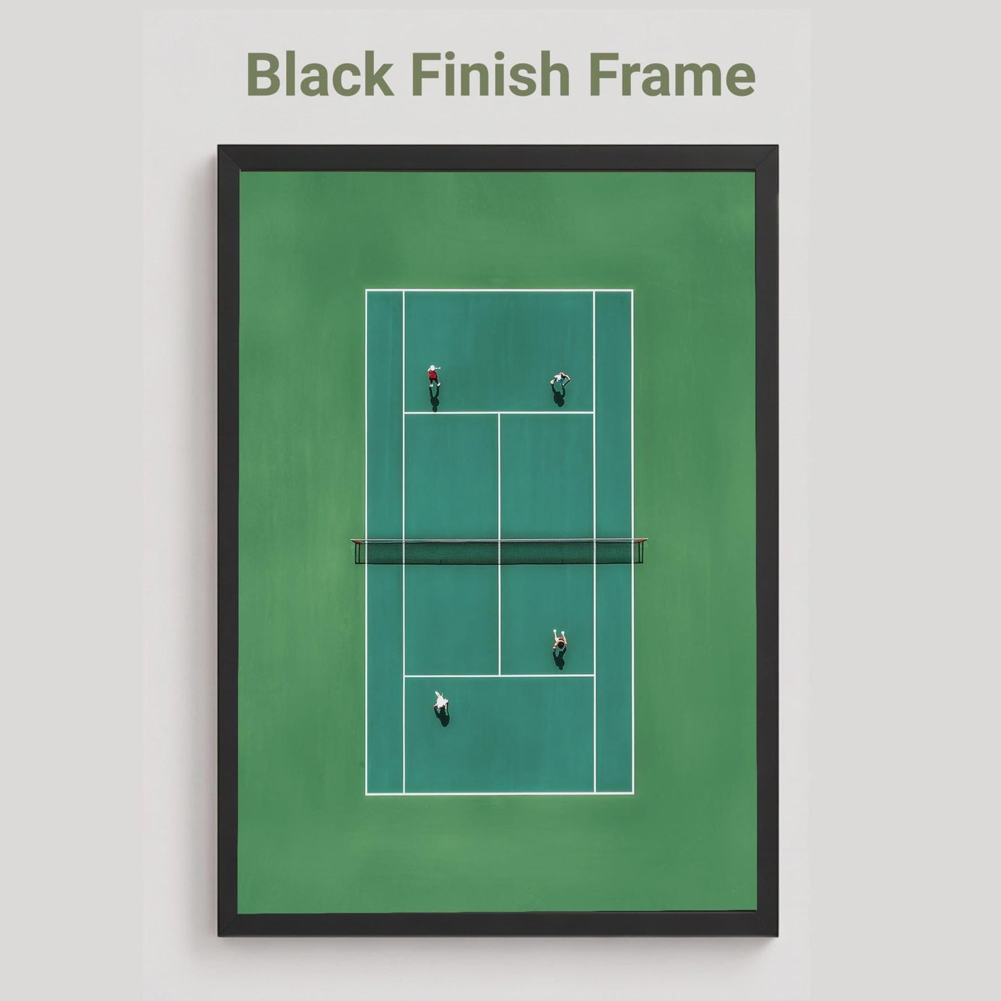 Black framed artwork of a tennis court in miniature from above