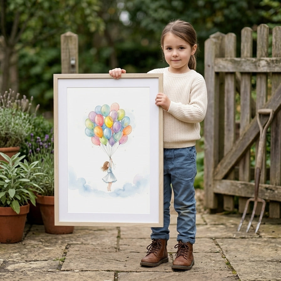 Child holding a framed artwork of a girl with balloons in a garden setting