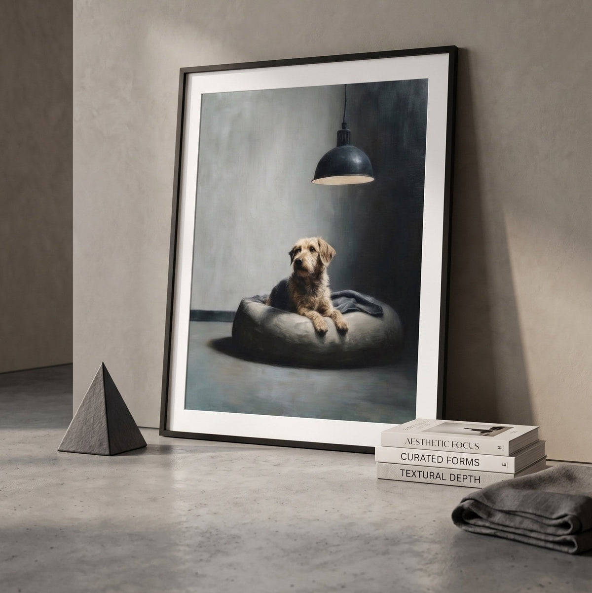 A framed art print leaning against a textured grey wall on a concrete floor, showing a small dog sitting on a cushion under a hanging lamp. The print is styled with books and a folded cloth nearby.