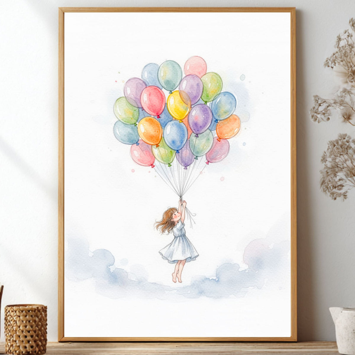 Up Up and Away art print of a child lifted into the sky by a large bunch of colourful balloons