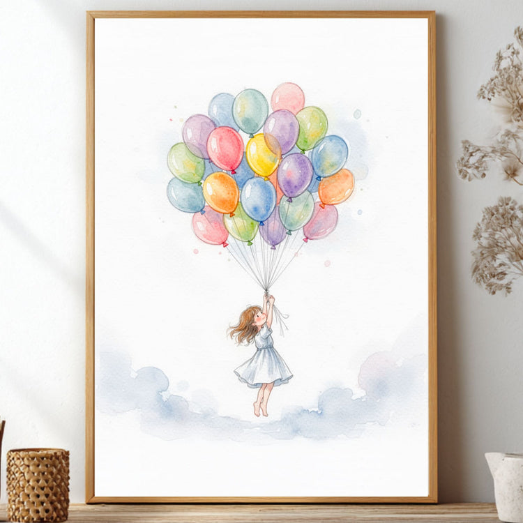 Up Up and Away art print of a child lifted into the sky by a large bunch of colourful balloons