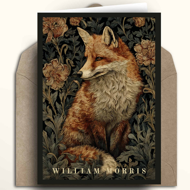 William Morris fox print with dark charcoal border featuring orange fox among green botanical floral elements, vintage tapestry design animal greeting card
