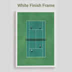 White framed artwork of a tennis court in miniature from above 